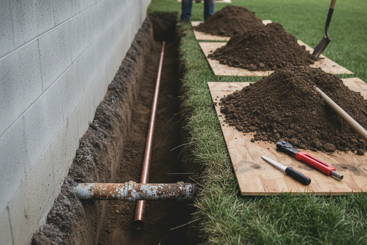 Excavated water line trench during Water Heater Repair in Naples